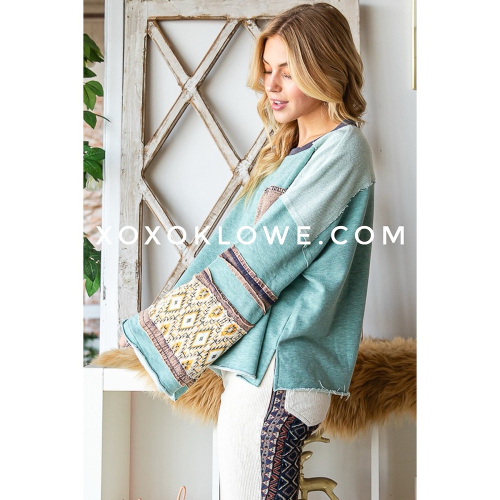 Oli & Hali Mixed Fabric Long Sleeve Top in Teal - Picture 4 of 10